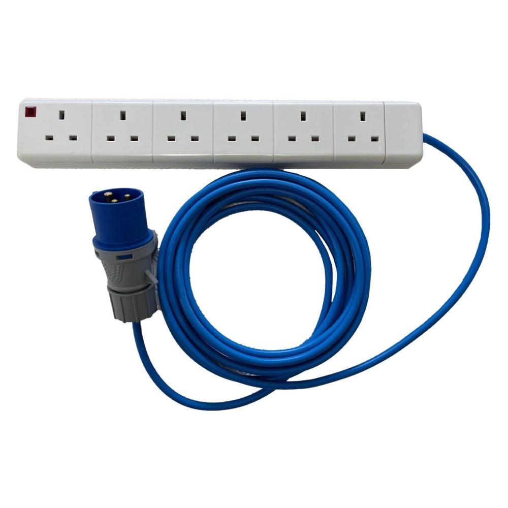 16A Plug to Power Socket Extension Camping Tent Electric Mains Hook Up Cable 6 Gang in Various Lengths