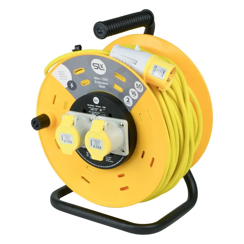 25m Industrial Open Drum Cable Reel with Dual 16A Outlets, 110V