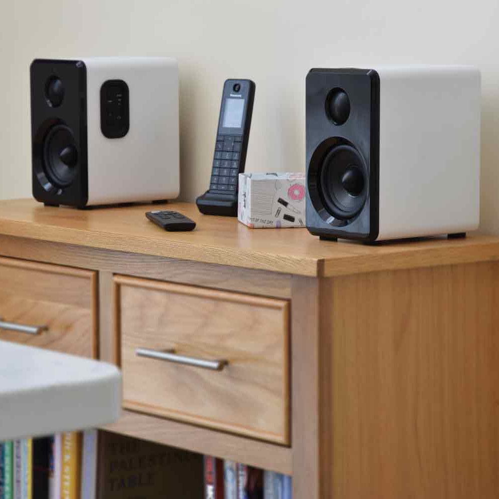 Active Bluetooth Bookshelf Speakers with USB & Micro SD Playback – Satin White