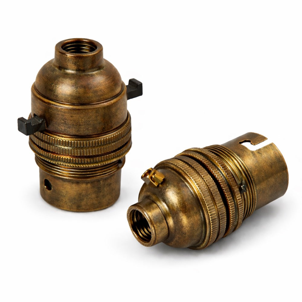 Antique Brass BC | B22 | Bayonet Cap Lamp Holder – 10mm / 1/2” Thread (Switched / Non-Switched)