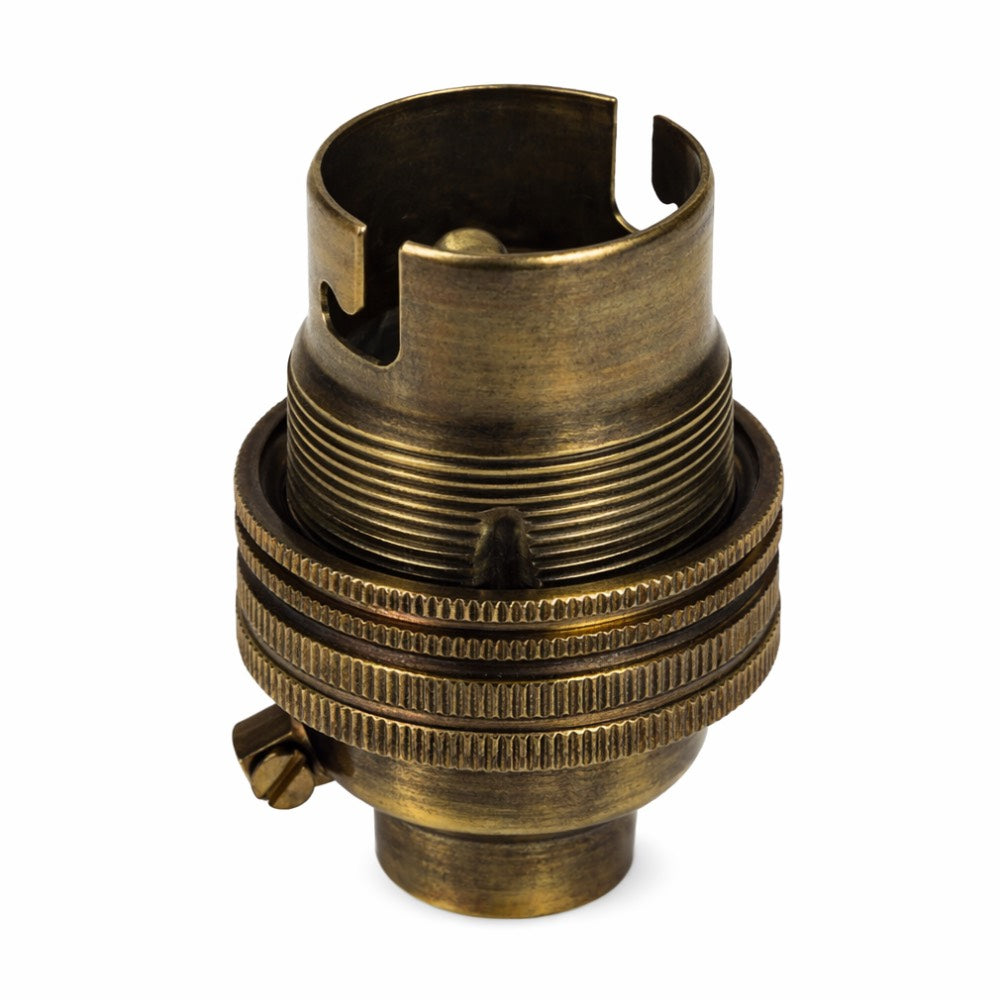 Antique Brass BC | B22 | Bayonet Cap Lamp Holder – 10mm / 1/2” Thread (Switched / Non-Switched)
