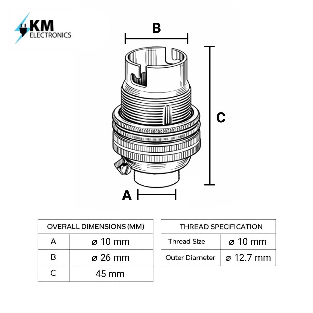 Chrome BC | B22 | Bayonet Cap Lamp Holder – 10mm / 1/2” Thread (Switched / Non-Switched)