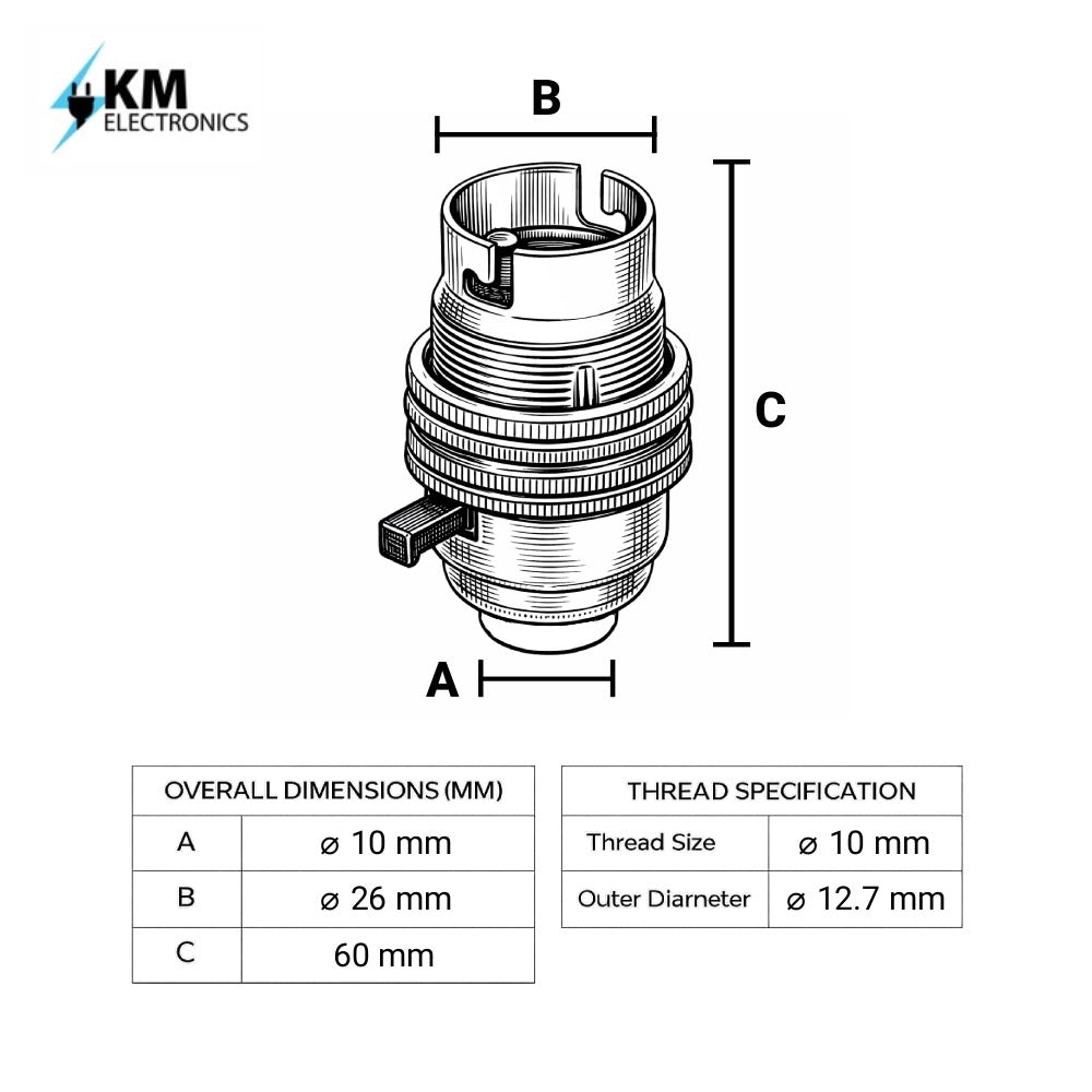 Chrome BC | B22 | Bayonet Cap Lamp Holder – 10mm / 1/2” Thread (Switched / Non-Switched)