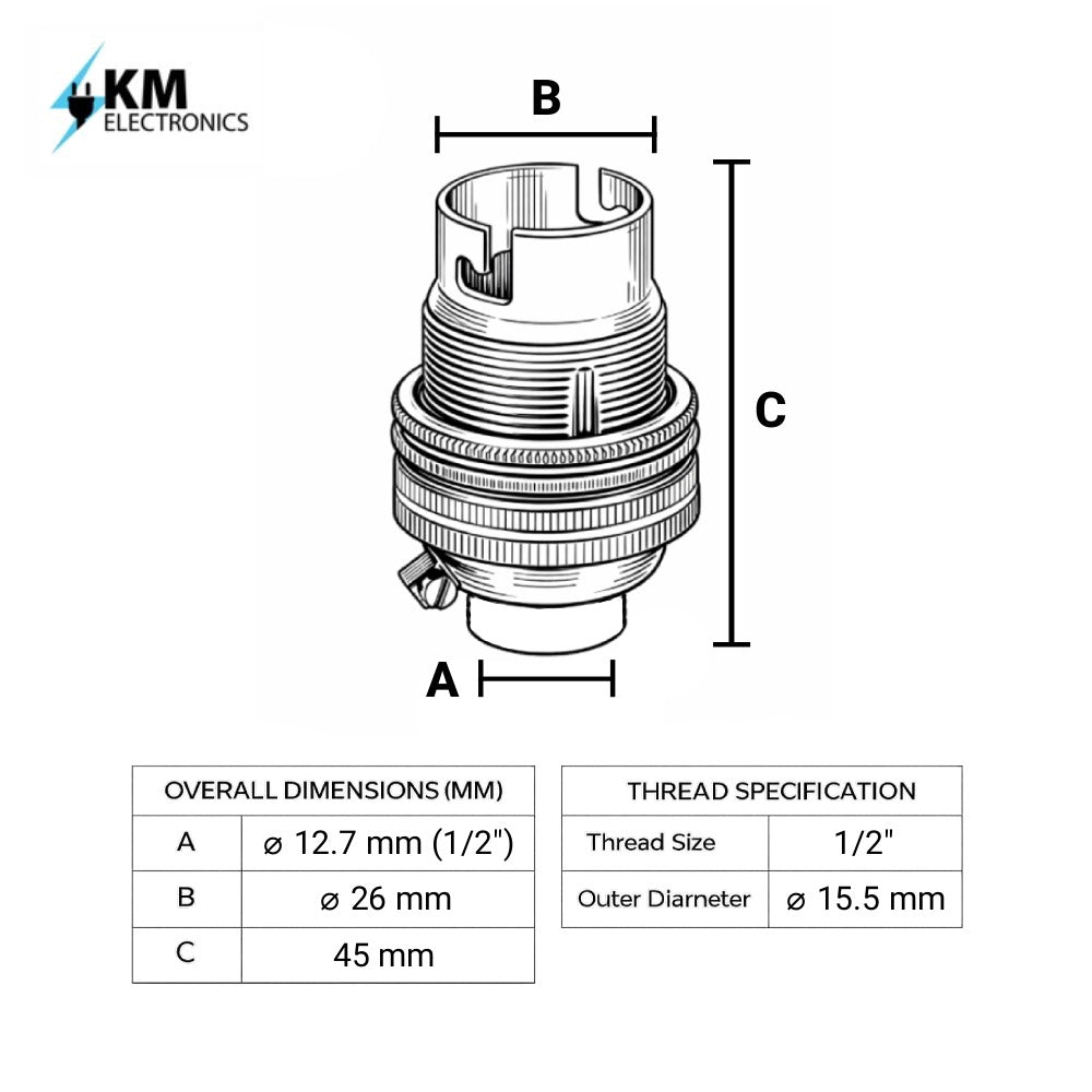 Chrome BC | B22 | Bayonet Cap Lamp Holder – 10mm / 1/2” Thread (Switched / Non-Switched)