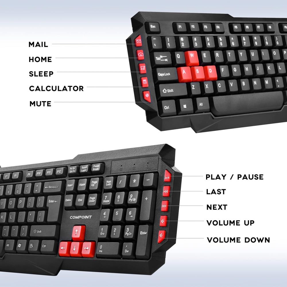 COMPOINT Wireless Keyboard & Mouse Deskset – Full-Size Multimedia Combo (Black)