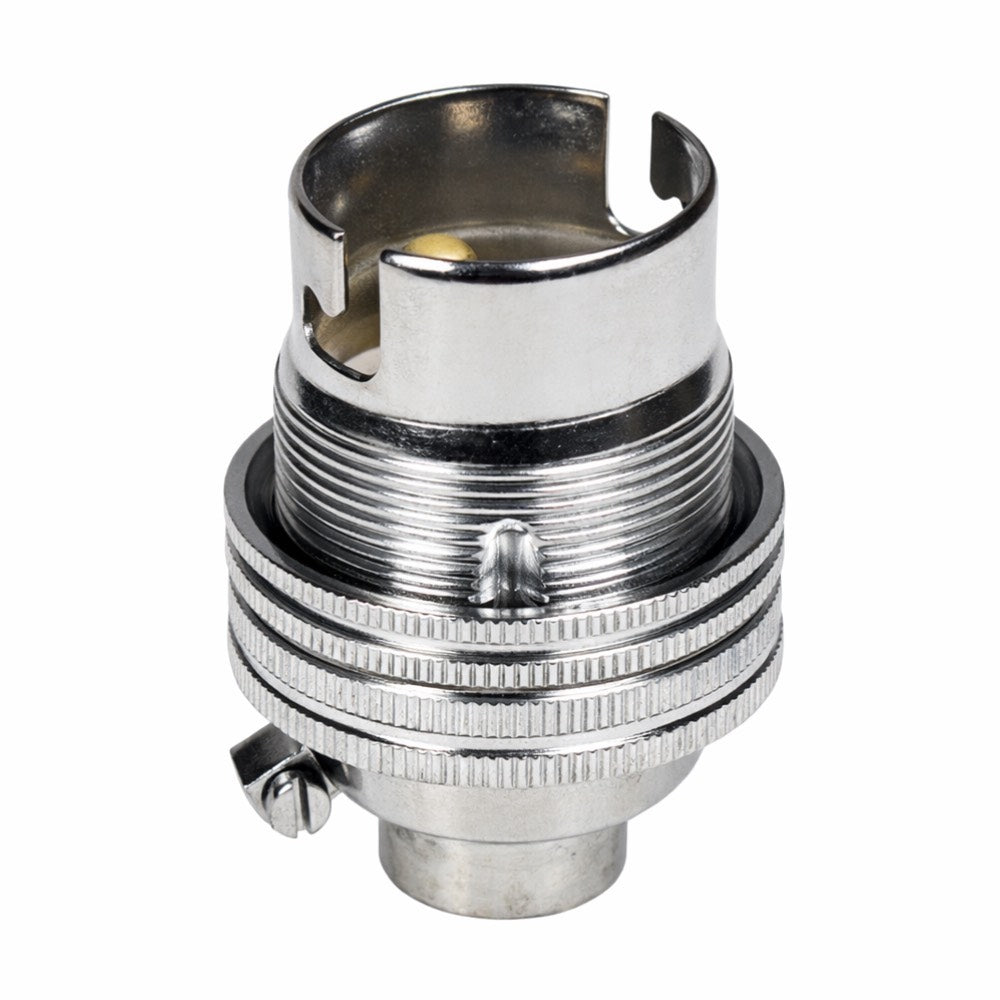 Chrome BC | B22 | Bayonet Cap Lamp Holder – 10mm / 1/2” Thread (Switched / Non-Switched)