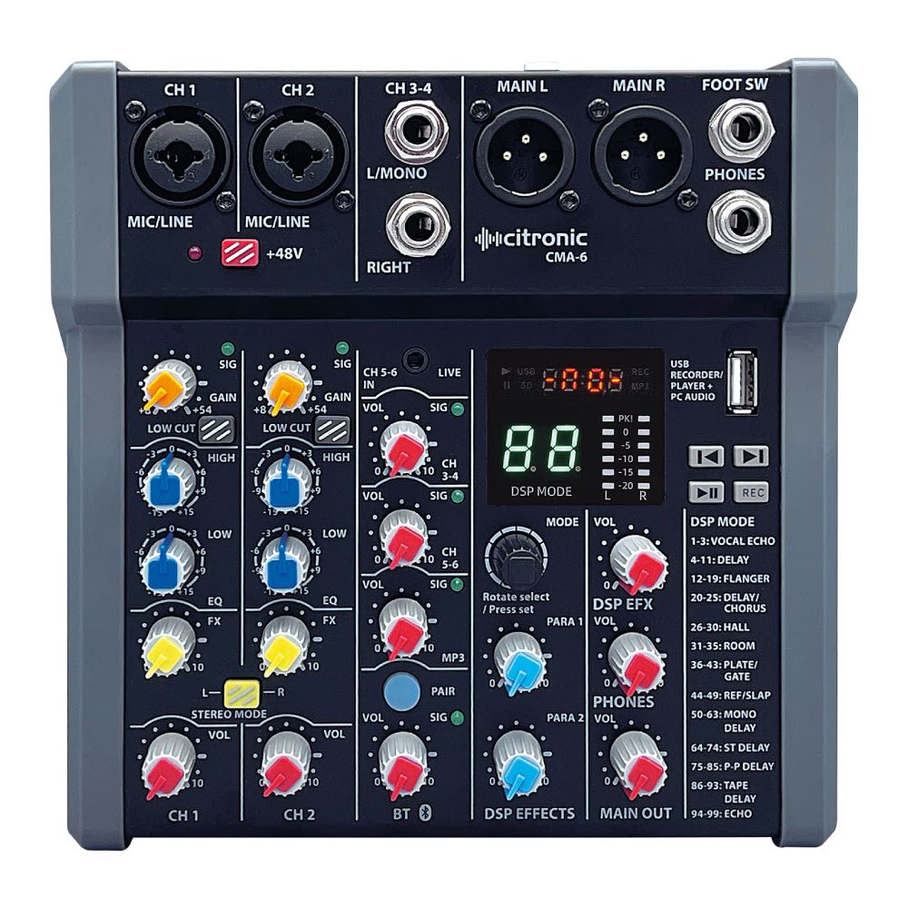 Citronic CMA-Series Compact 6-Channel Mixer with DSP, USB & Bluetooth (4 Mono + 2 Stereo)