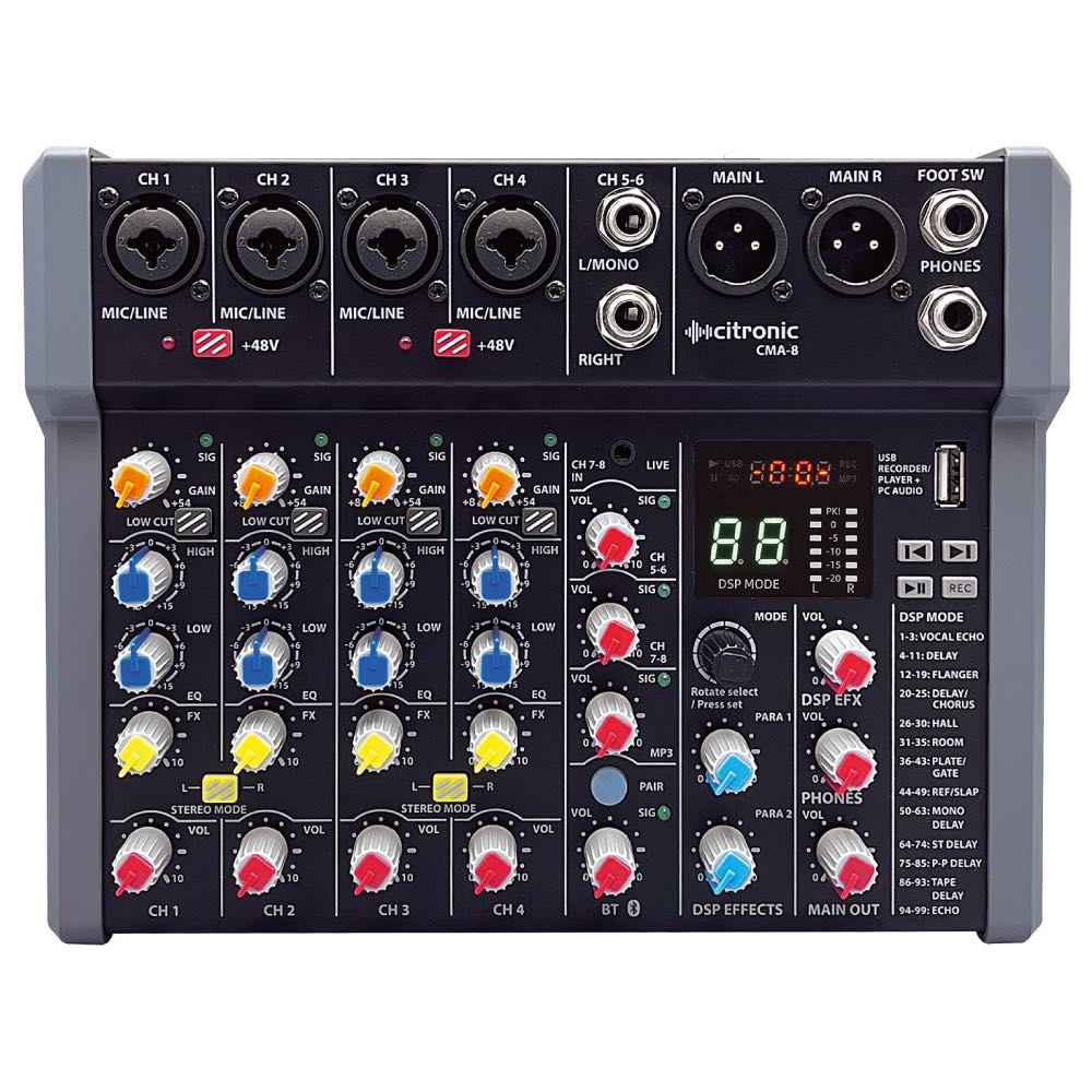 Citronic CMA-Series Compact 6-Channel Mixer with DSP, USB & Bluetooth (4 Mono + 2 Stereo)
