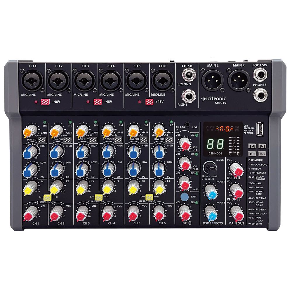 Citronic CMA-Series Compact 6-Channel Mixer with DSP, USB & Bluetooth (4 Mono + 2 Stereo)