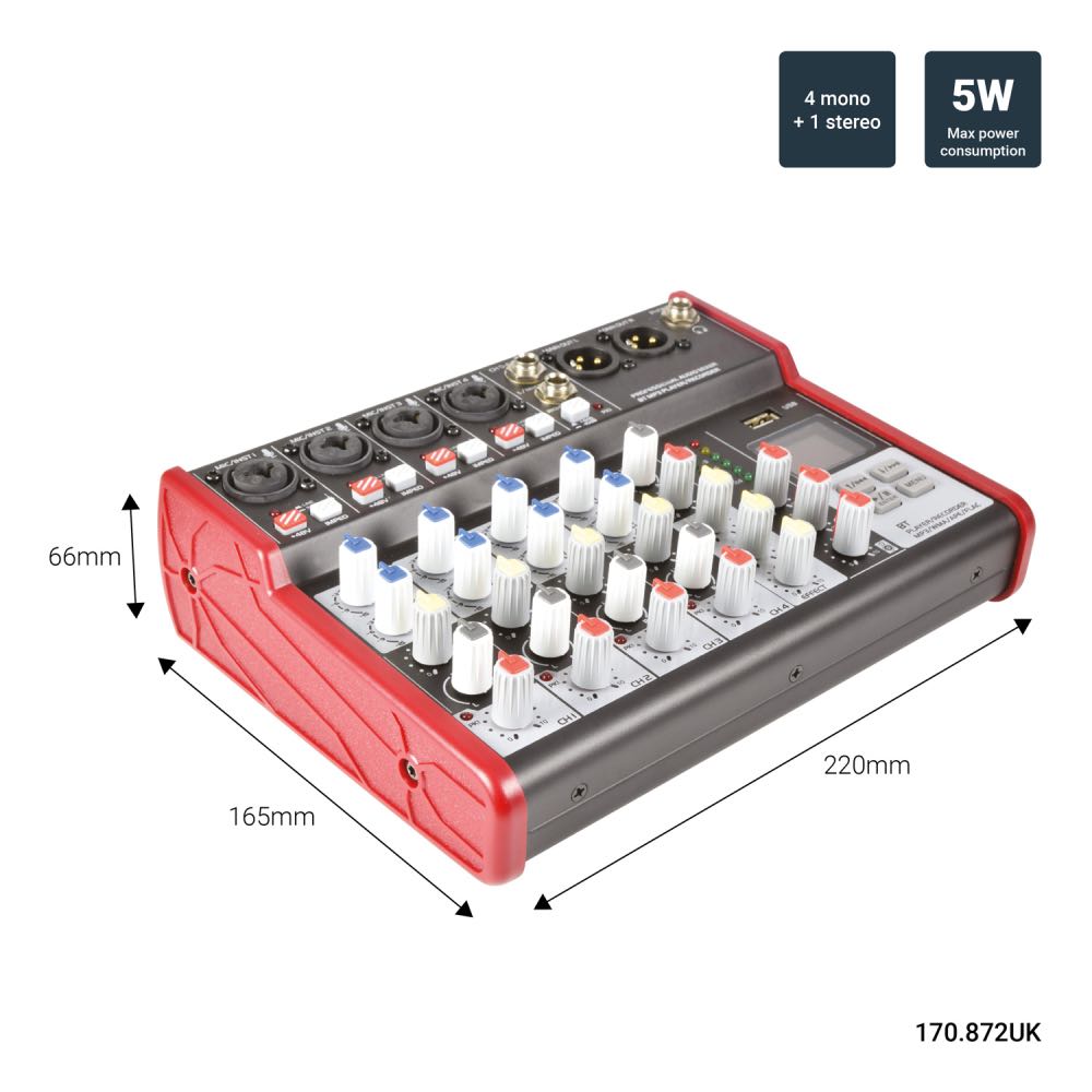 Citronic CSM-Series Compact 5-Channel Mixer with USB & Bluetooth (4 Mono + 1 Stereo)