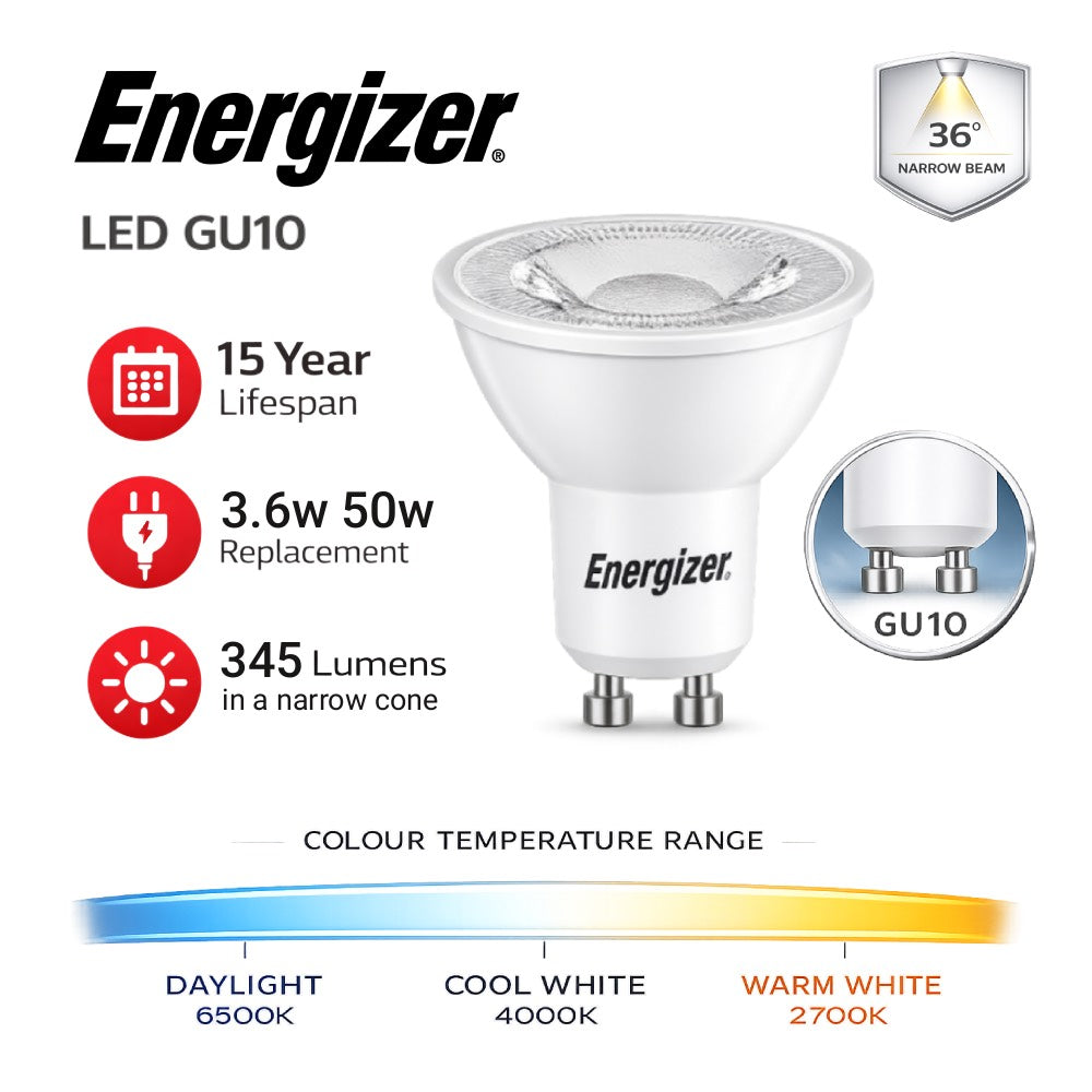 Energizer LED GU10 Bulb 3.6W 345lm – 4000K / 6500K (Cool White / Daylight)
