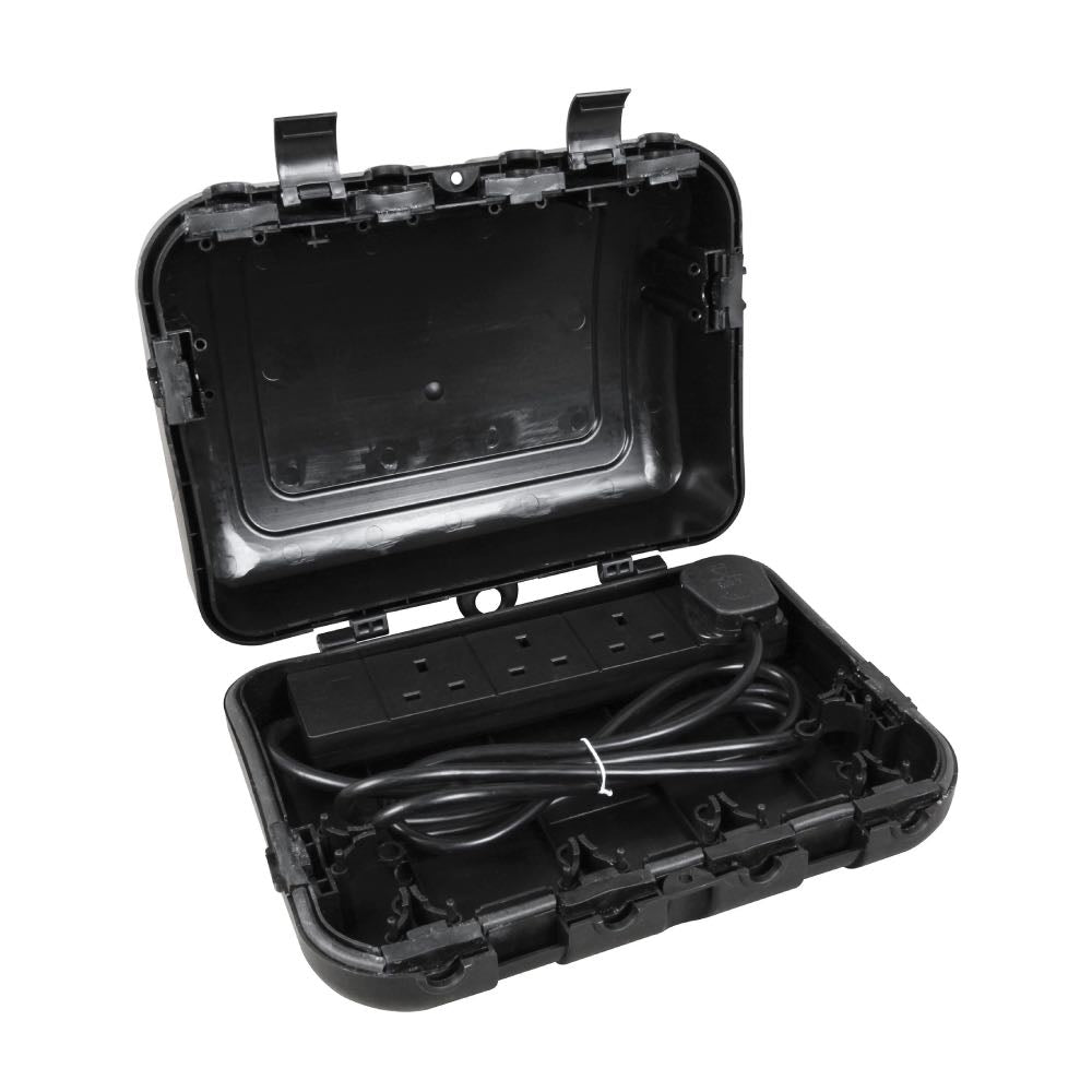 IP64 Heavy-Duty Garden Weatherproof 13A 4 Gang Outdoor Junction Box in Black – Available Lengths: 2m / 5m / 10m
