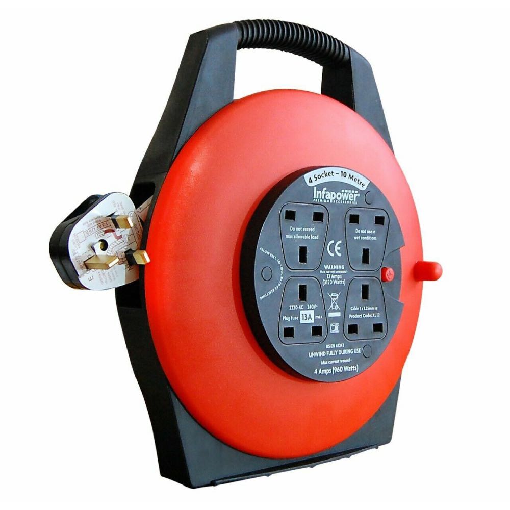 Infapower | 10m 4 Socket Extension Reel with Thermal Cut-Out – Different Lengths