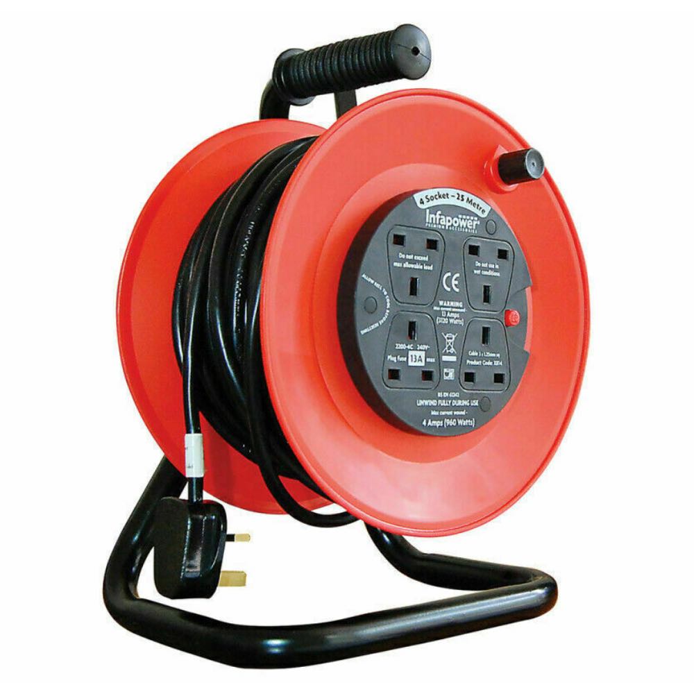 Infapower | 10m 4 Socket Extension Reel with Thermal Cut-Out – Different Lengths