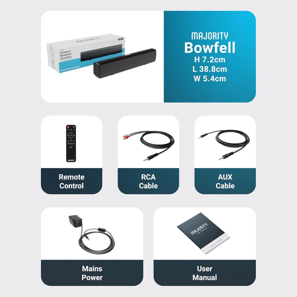 MAJORITY Bowfell Compact Bluetooth Stereo Soundbar for TV with USB Playback & Remote – Black