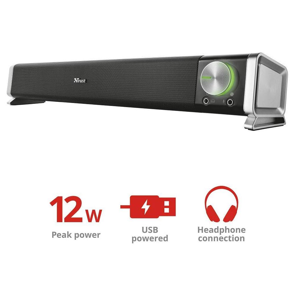 Trust Asto USB Desktop Soundbar for PC & TV with Headphone & Microphone Ports