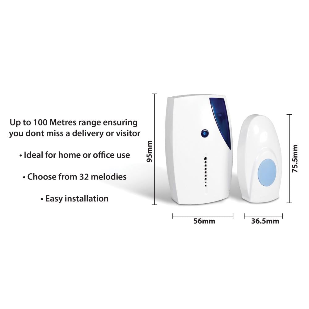 Wireless Battery Doorbell Kit – 100m Range with LED & Dual Receiver Option