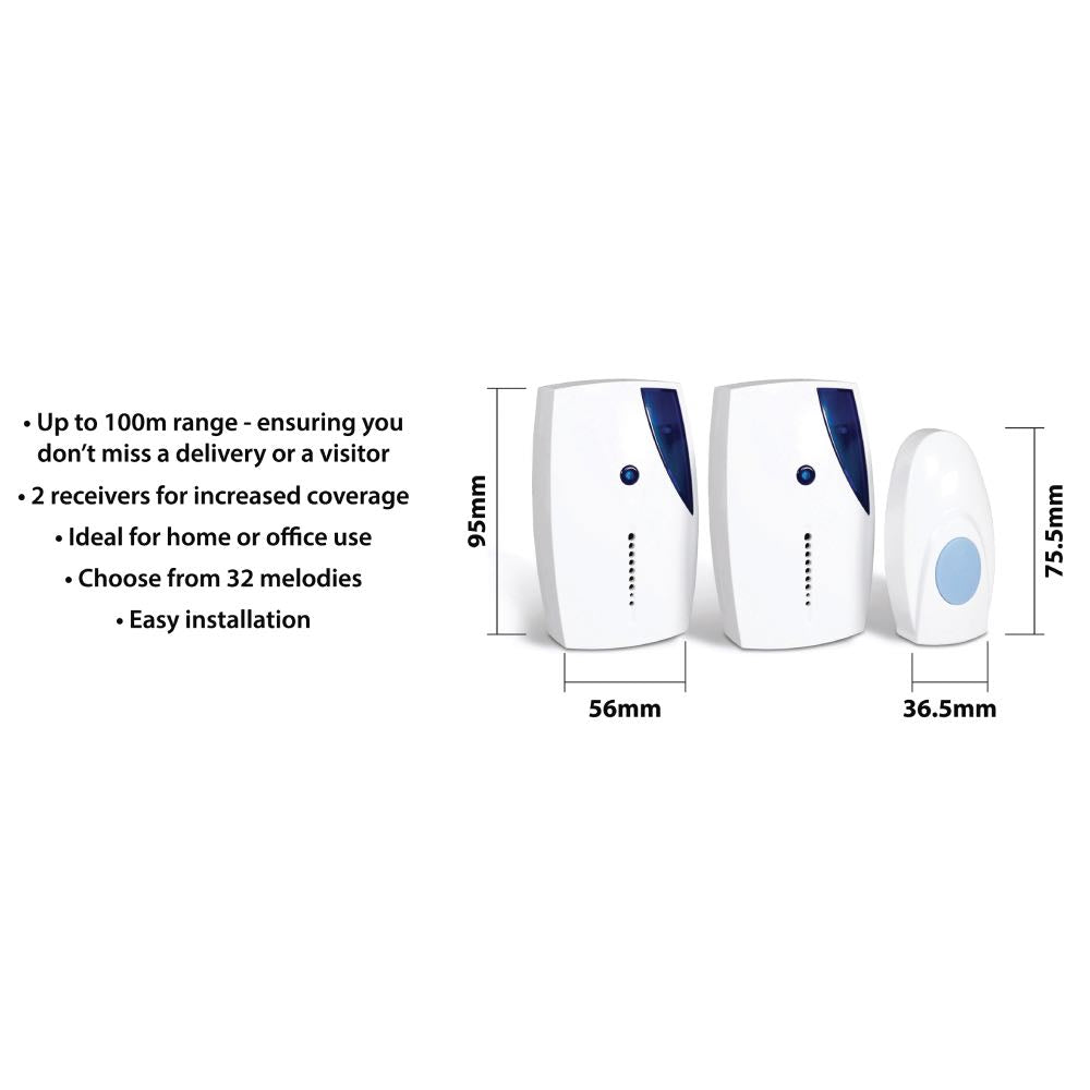 Wireless Battery Doorbell Kit – 100m Range with LED & Dual Receiver Option